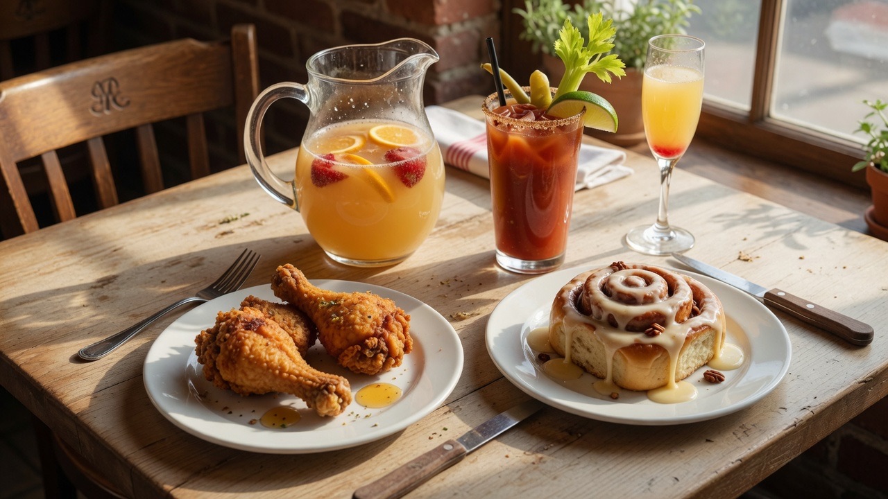 A Town Tavern weekend table: fried chicken, a pecan cinnamon roll, a mimosa pitcher, a loaded Bloody Mary and a mimosa