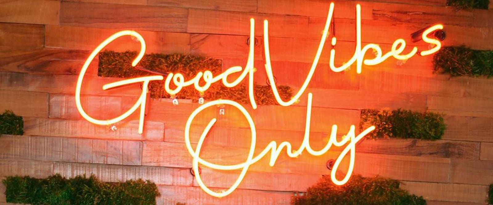The "Good Vibes Only" neon sign on the wood-plank wall inside The Town Tavern